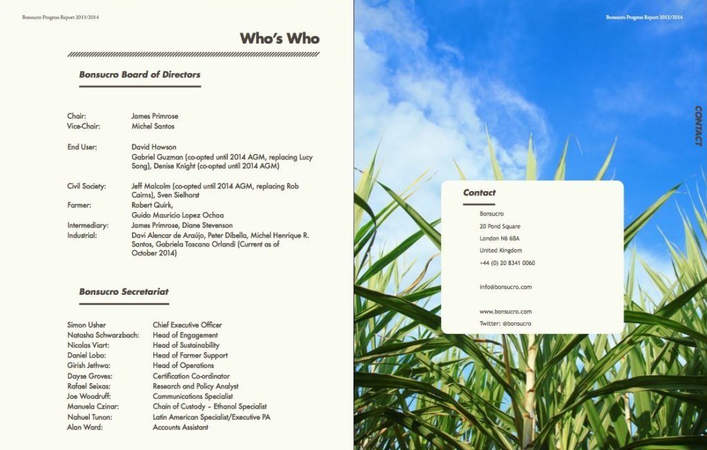 Extrait du manuel Bonsucro chapitre "Who's who" avec illustration d'un champs de canne à sucre