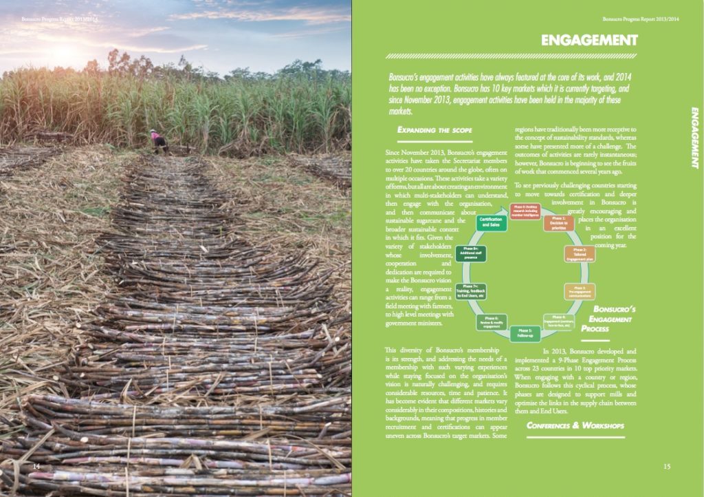 Extrait du manuel Bonsucro chapitre "Engagement" avec illustration d'un champs de canne à sucre